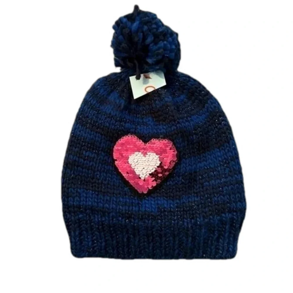🔴Cat & Jack Girls Beanie with Pompom Navy with color sequins Heart